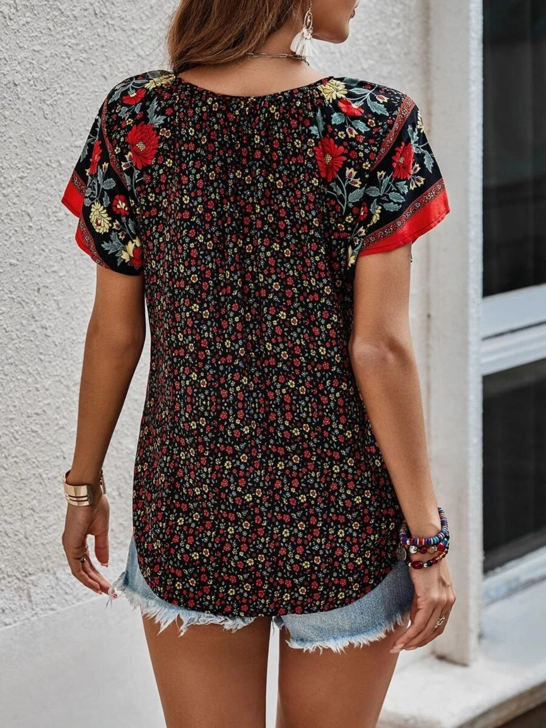 Printed Tie Neck Short Sleeve Blouse