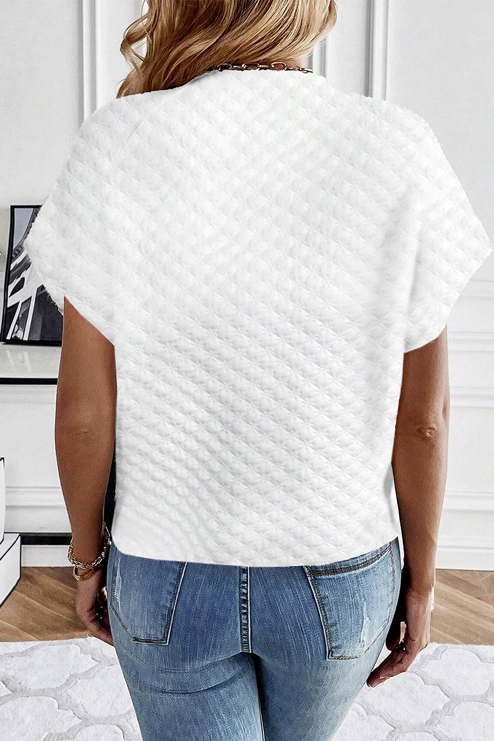 White Split Neck Quilted Raglan Sleeve Blouse