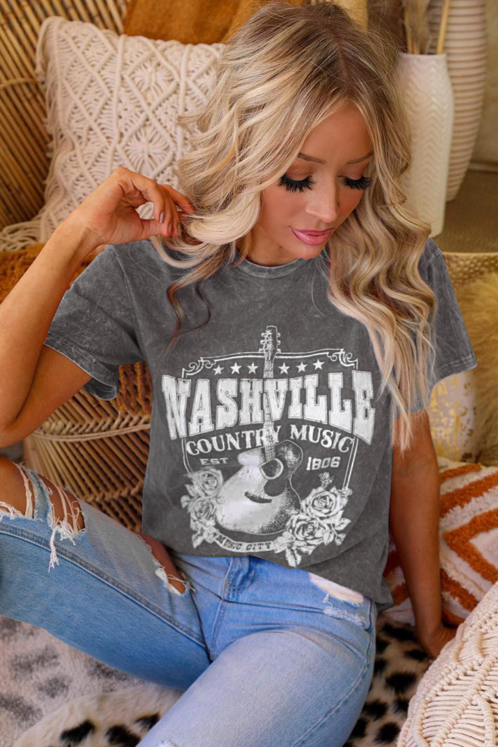 Gray Vintage Washed Nashville Rock Band T Shirt