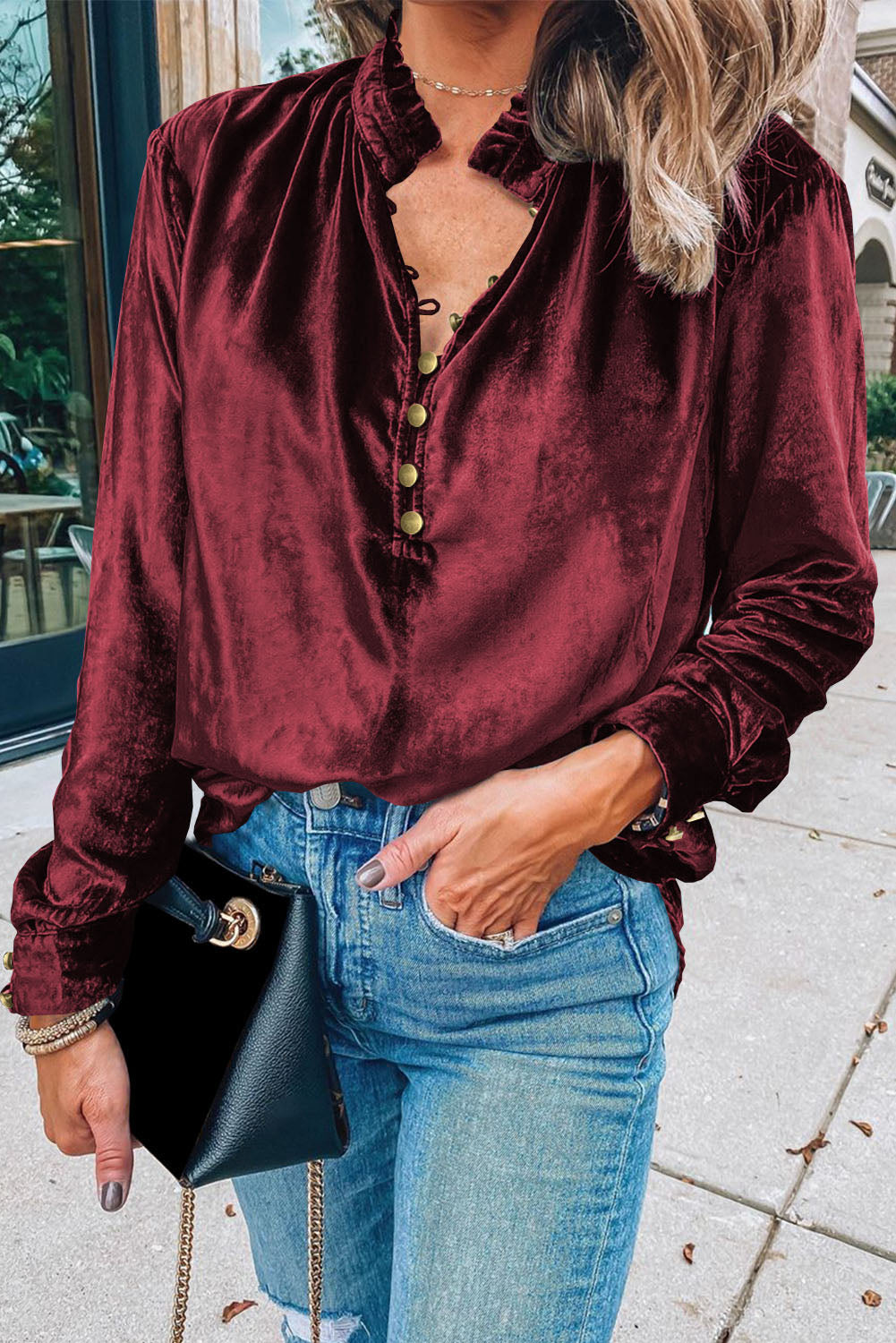 Black Frilled Neck Buttoned Front Velvet Top - Kustom Kreations Goods