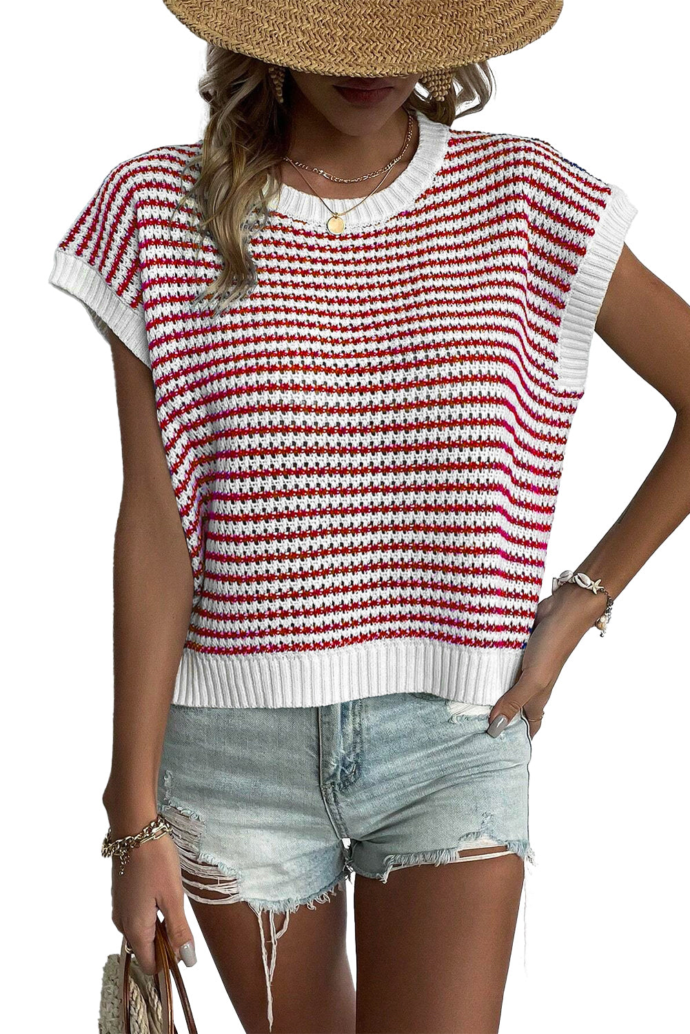 Red Stripe Contrast Trim Knit Dolman Top