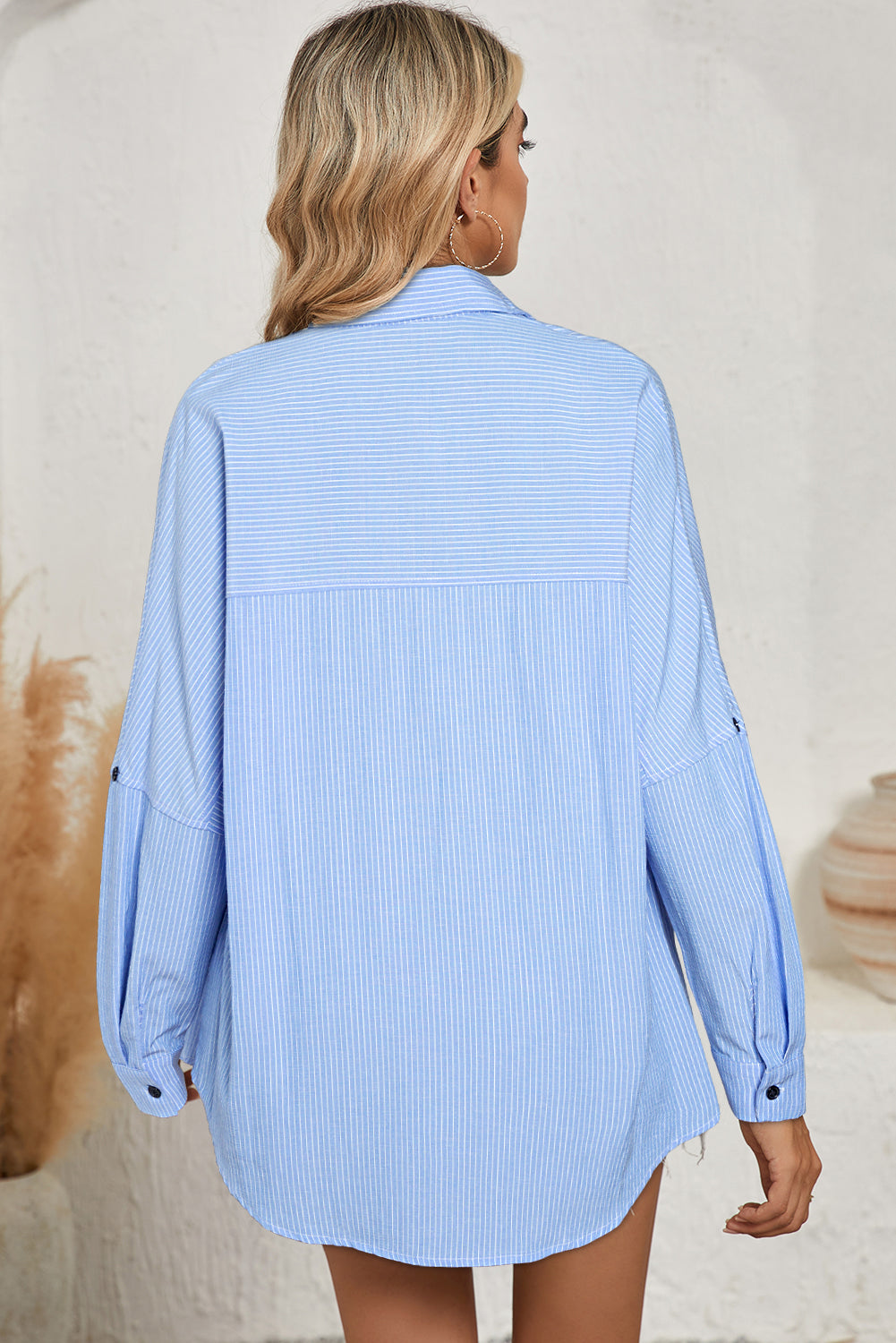 Sky Blue Stripe Roll Tab Sleeve Pocketed Tunic Shirt Shacket