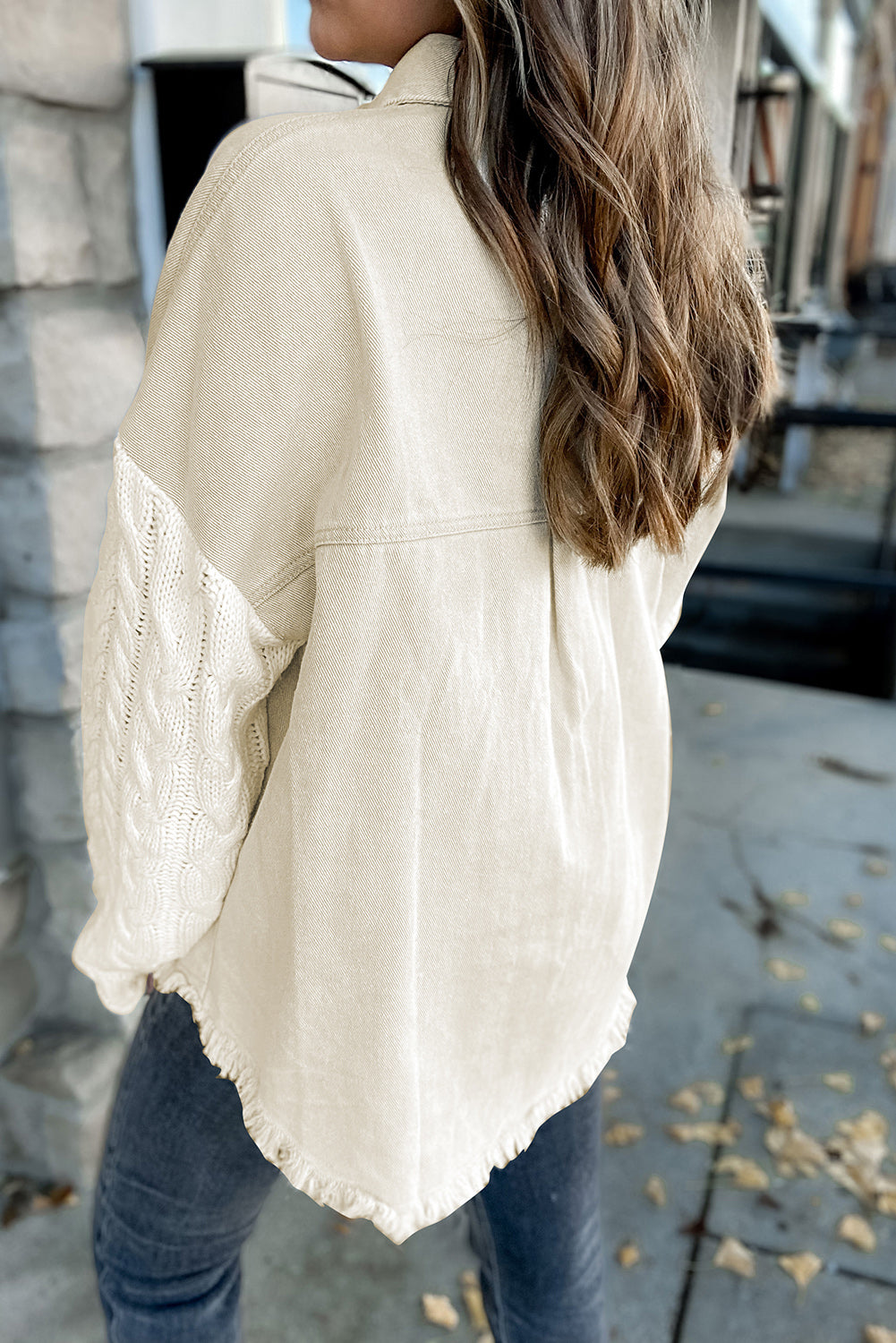 Beige Cable Knit Patchwork Sleeve Raw Hem Shacket