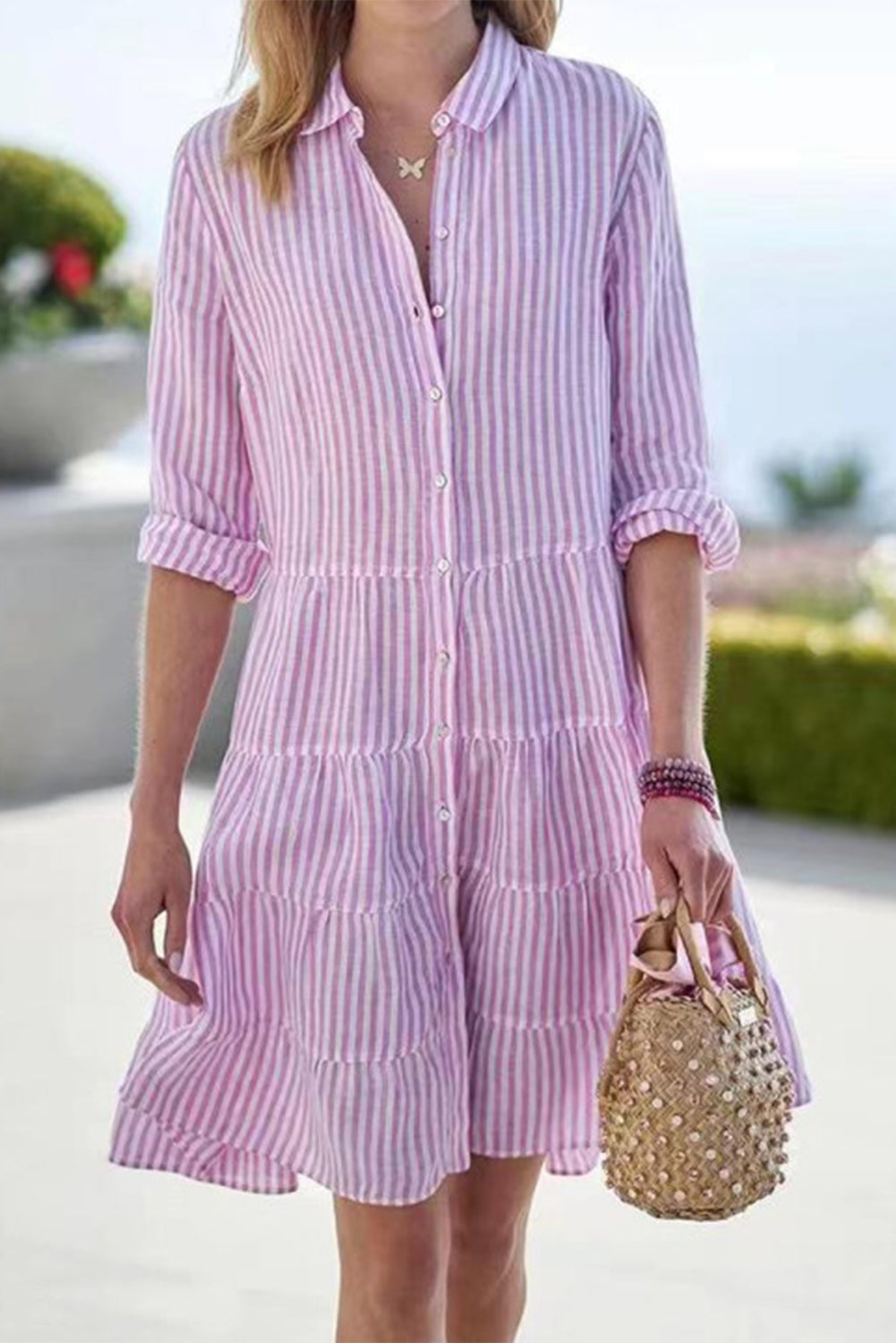 Pink Basic Striped Short Shirt Dress