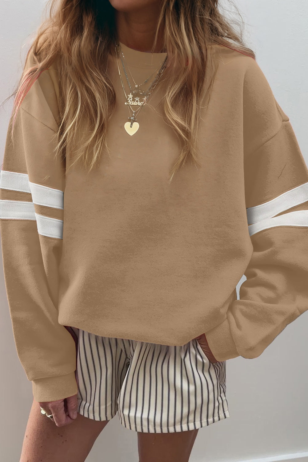 Fiery Red Preppy Striped Sleeve Loose Sweatshirt