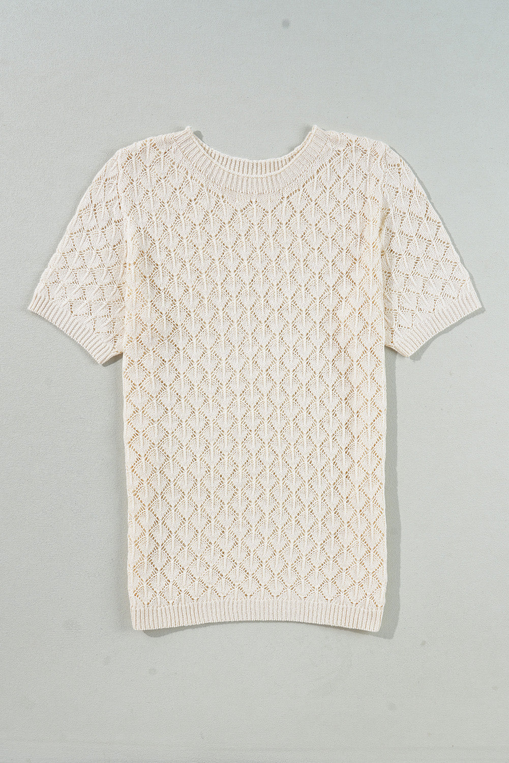Beige Hollow Out Crochet Short Sleeve Knit Tee