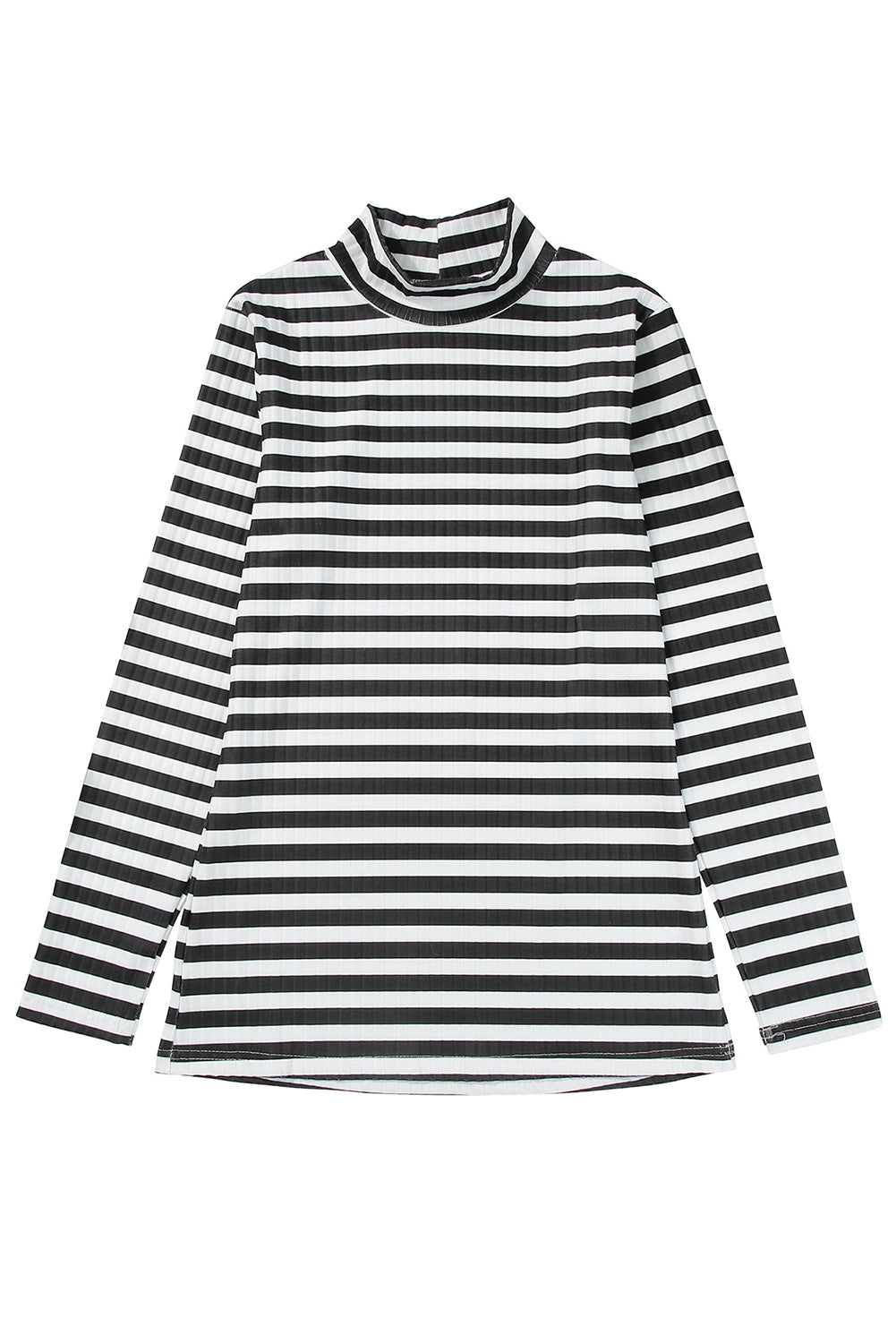 Stripes Print Ribbed Knit Long Sleeve Casual Mock Neck Top
