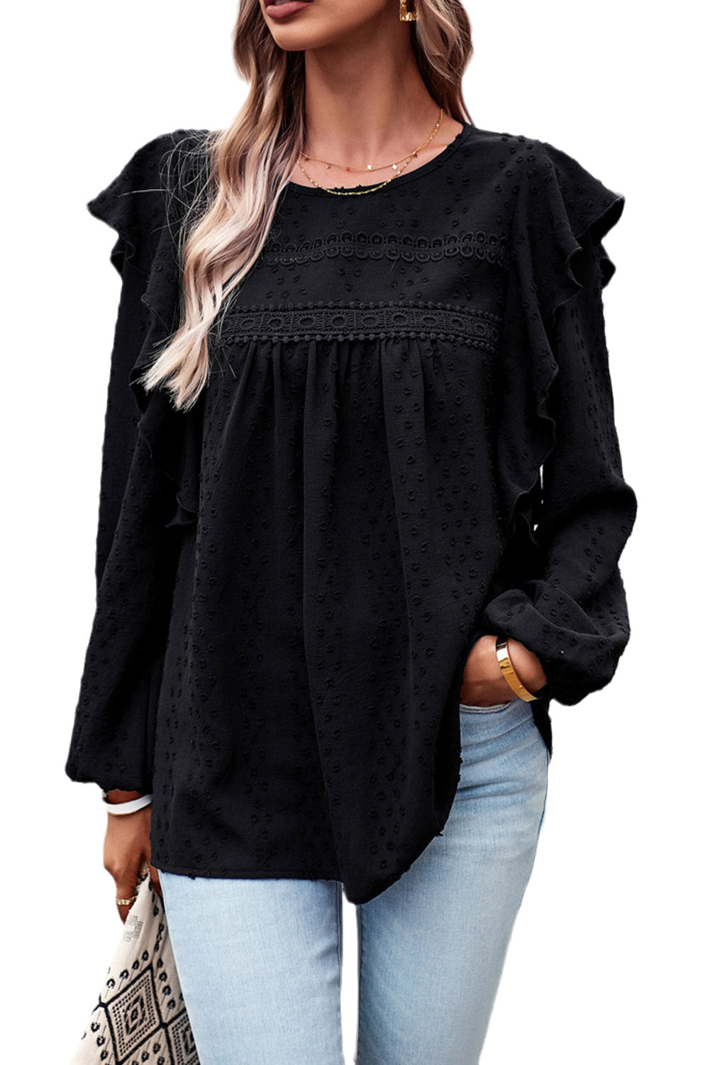 Black Swiss Dot Ruffle Shoulder Long Sleeve Blouse