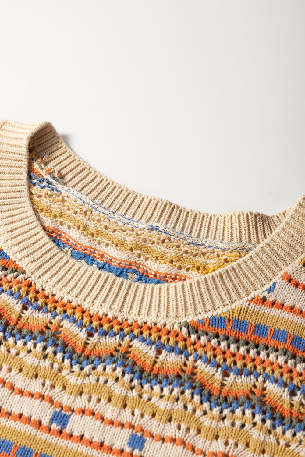 Brown Stripe Eyelet Crochet Round Neck Knit Top