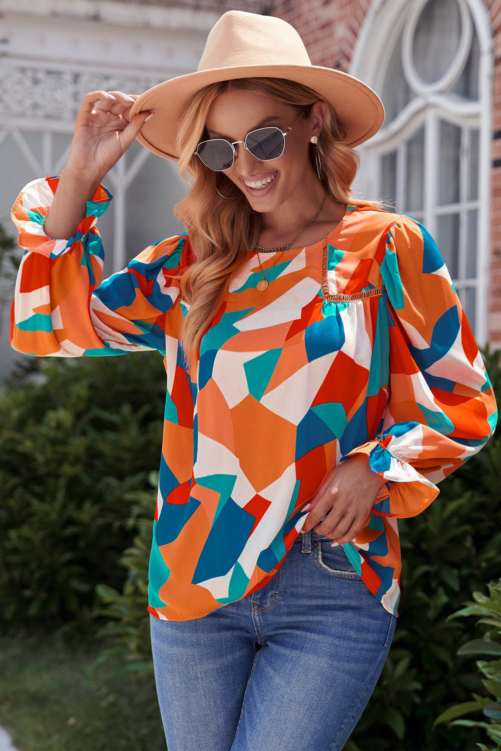Multicolor Colorblock Casual Ruffle Puff Sleeve Blouse