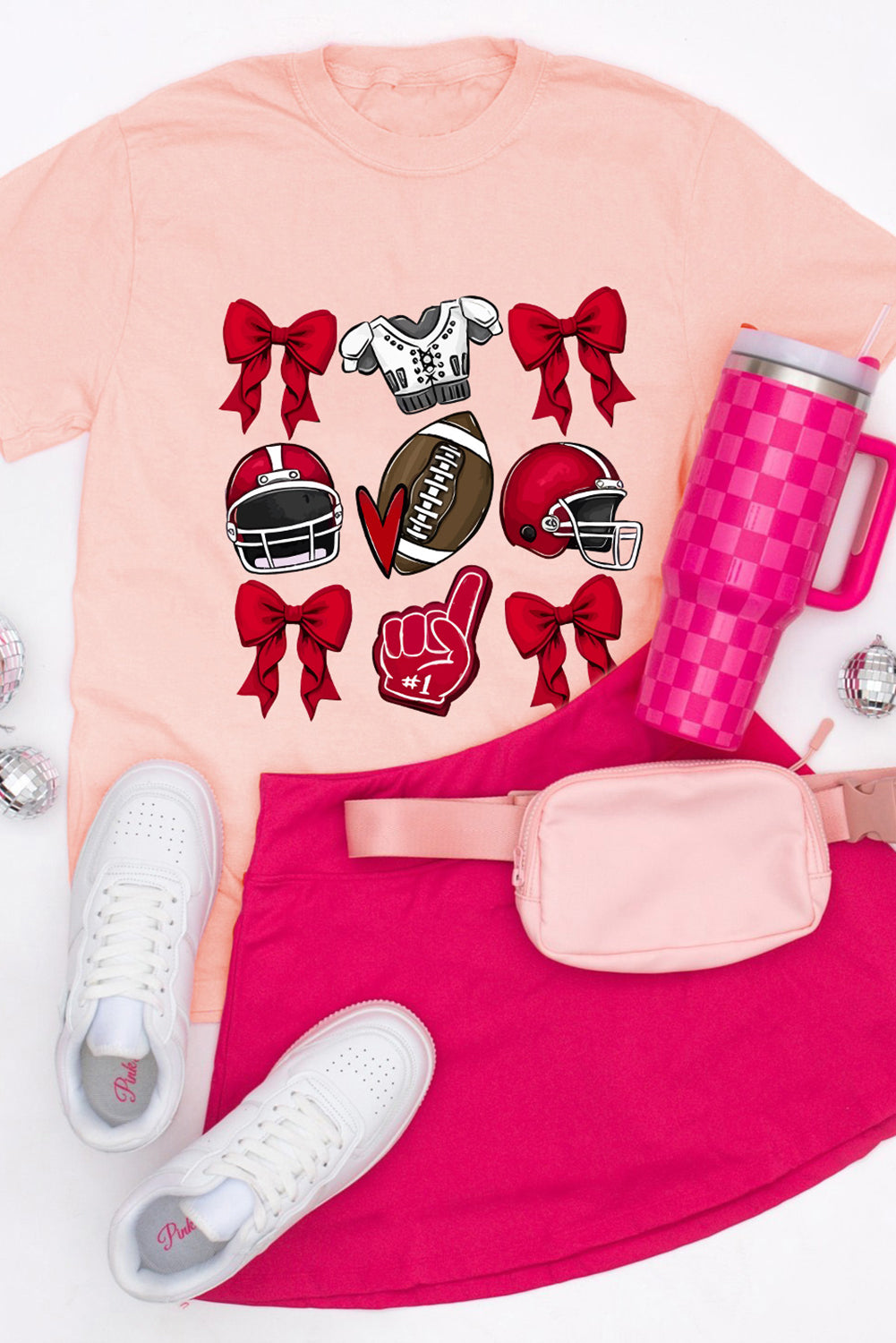 Pink Rugby Cheer Helmet Bow Graphic Tee