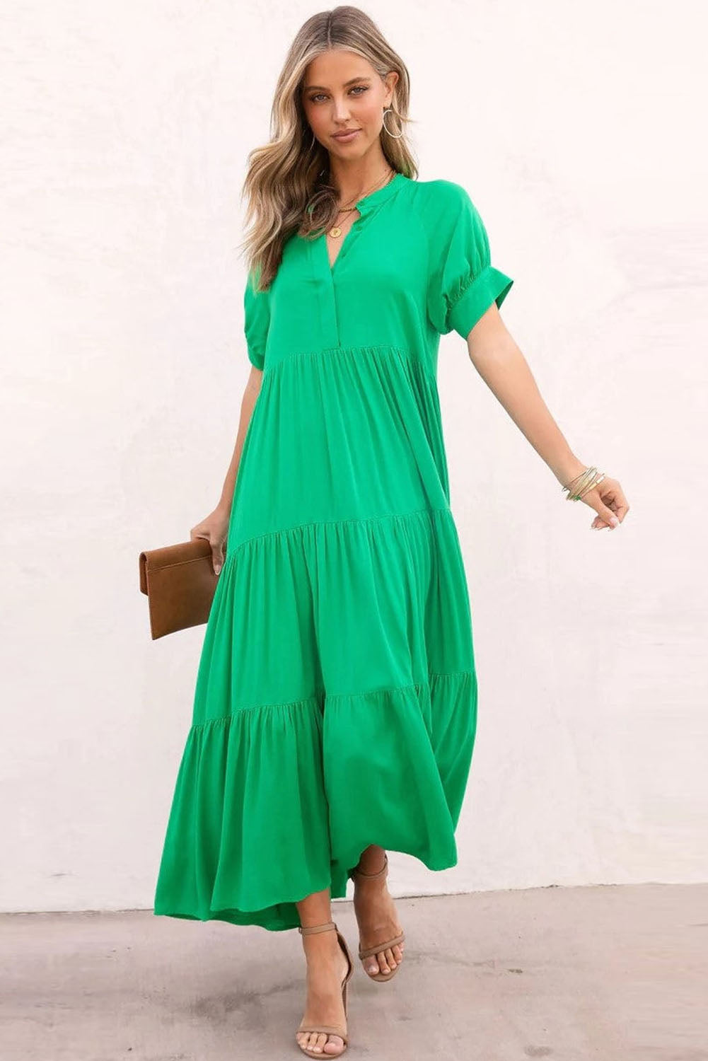 Green Notch V Neck Bubble Sleeve Tiered Maxi Dress