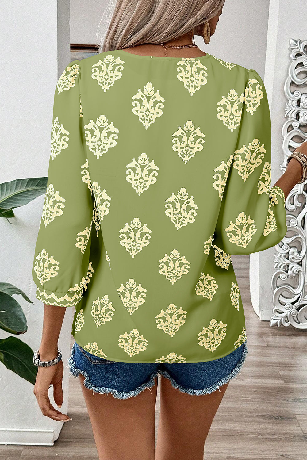 Green Damask Floral Print Contrast V Neck 3/4 Sleeve Blouse - Kustom Kreations Goods