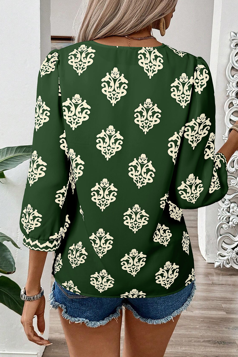 Green Damask Floral Print Contrast V Neck 3/4 Sleeve Blouse - Kustom Kreations Goods