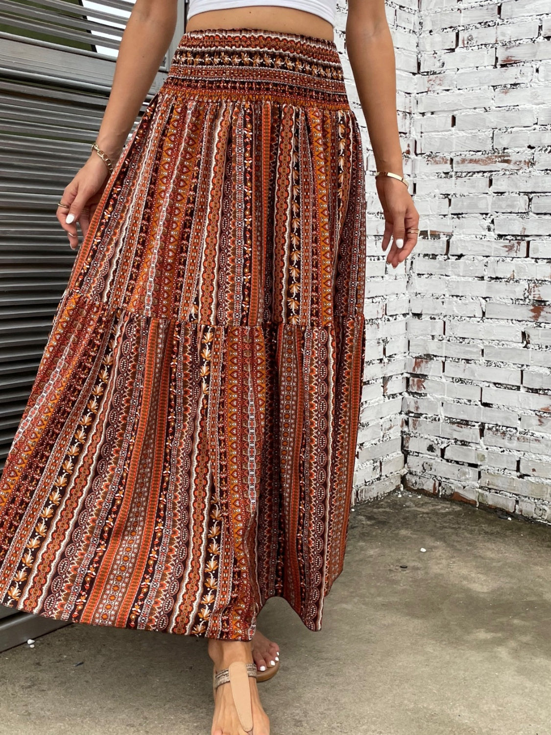 Printed Elastic Waist Maxi Skirt