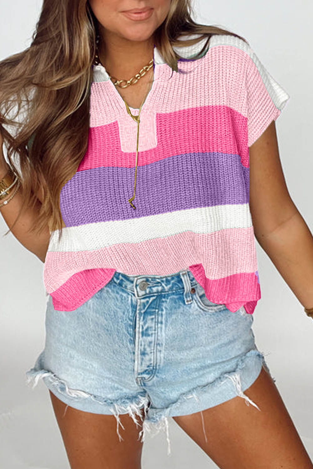 Pink Colorblock Notch V Neck Knit T Shirt