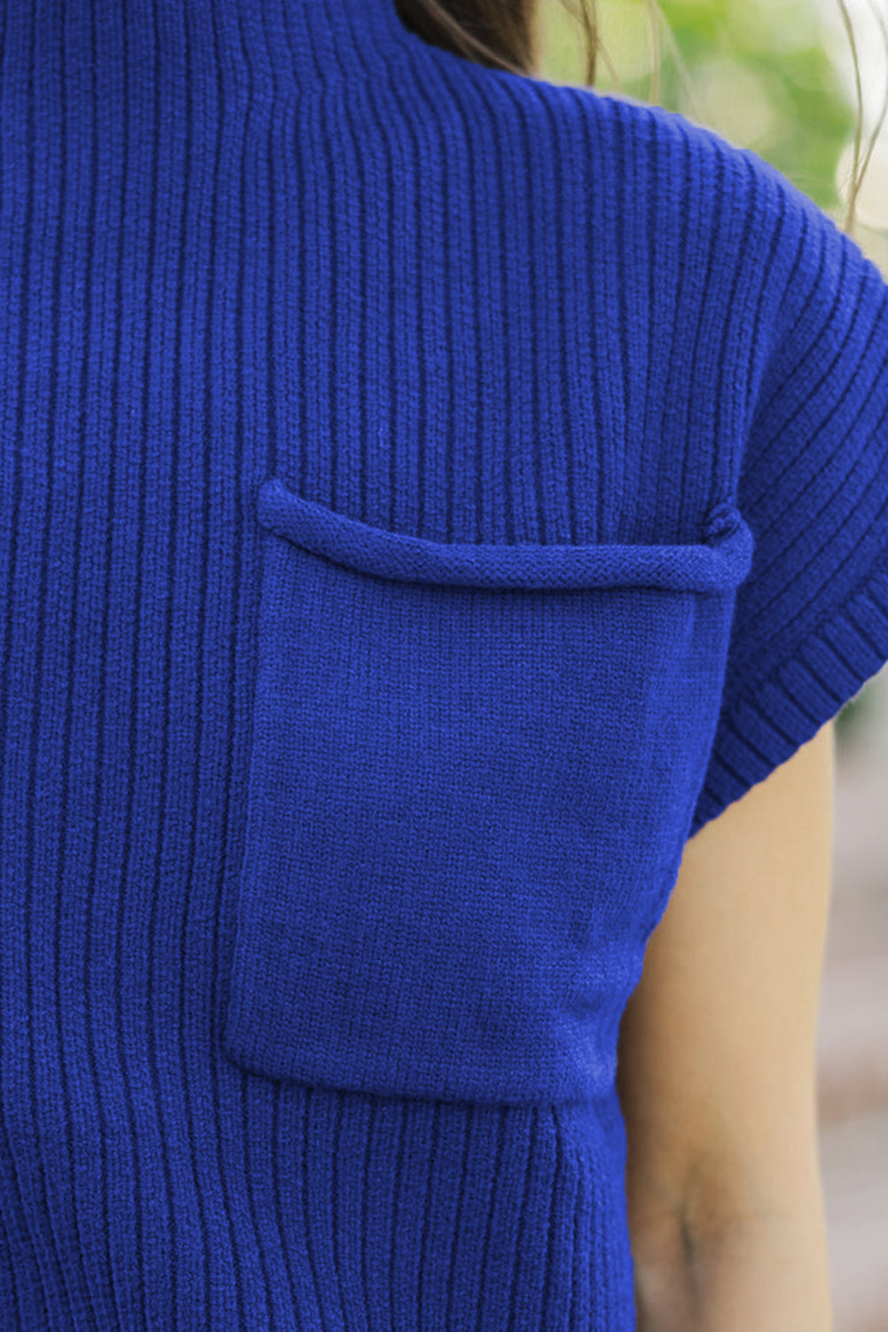 Green Patch Pocket Ribbed Knit Short Sleeve Sweater - Kustom Kreations Goods
