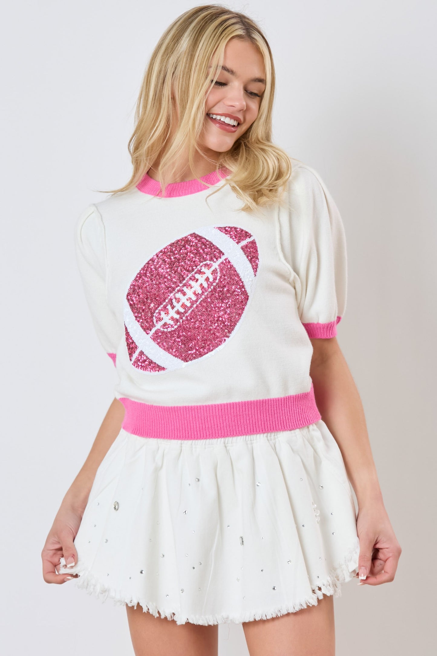 Purple Sequin Rugby Color Block Puff Sleeve Knit Top