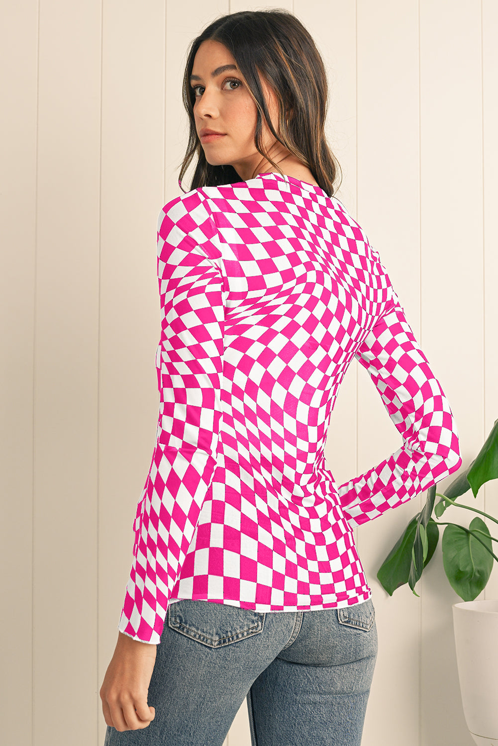 Black Checkered Pattern Mesh Long Sleeve Top - Kustom Kreations Goods