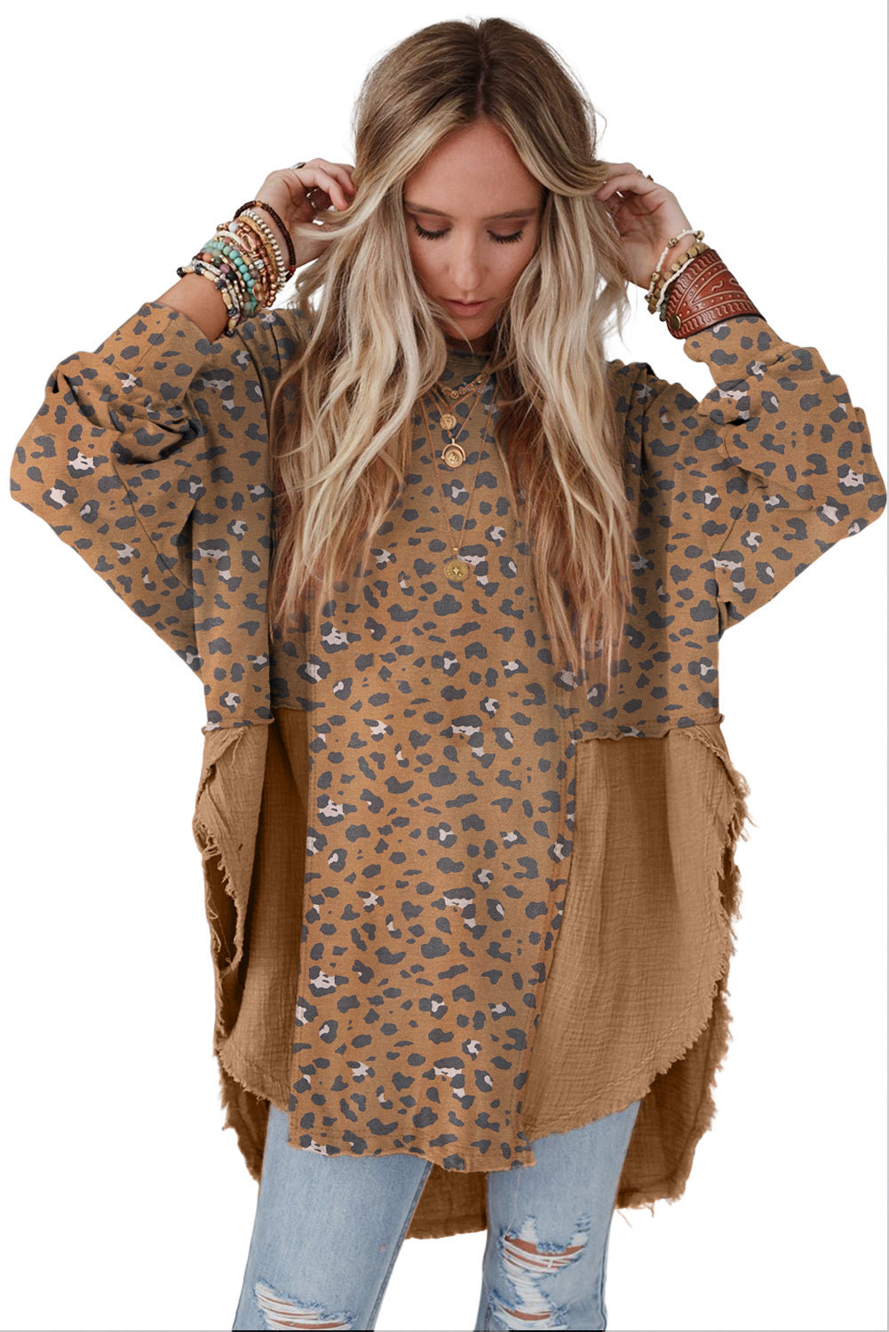 Pink Leopard Patchwork Raw Edge Oversized Top
