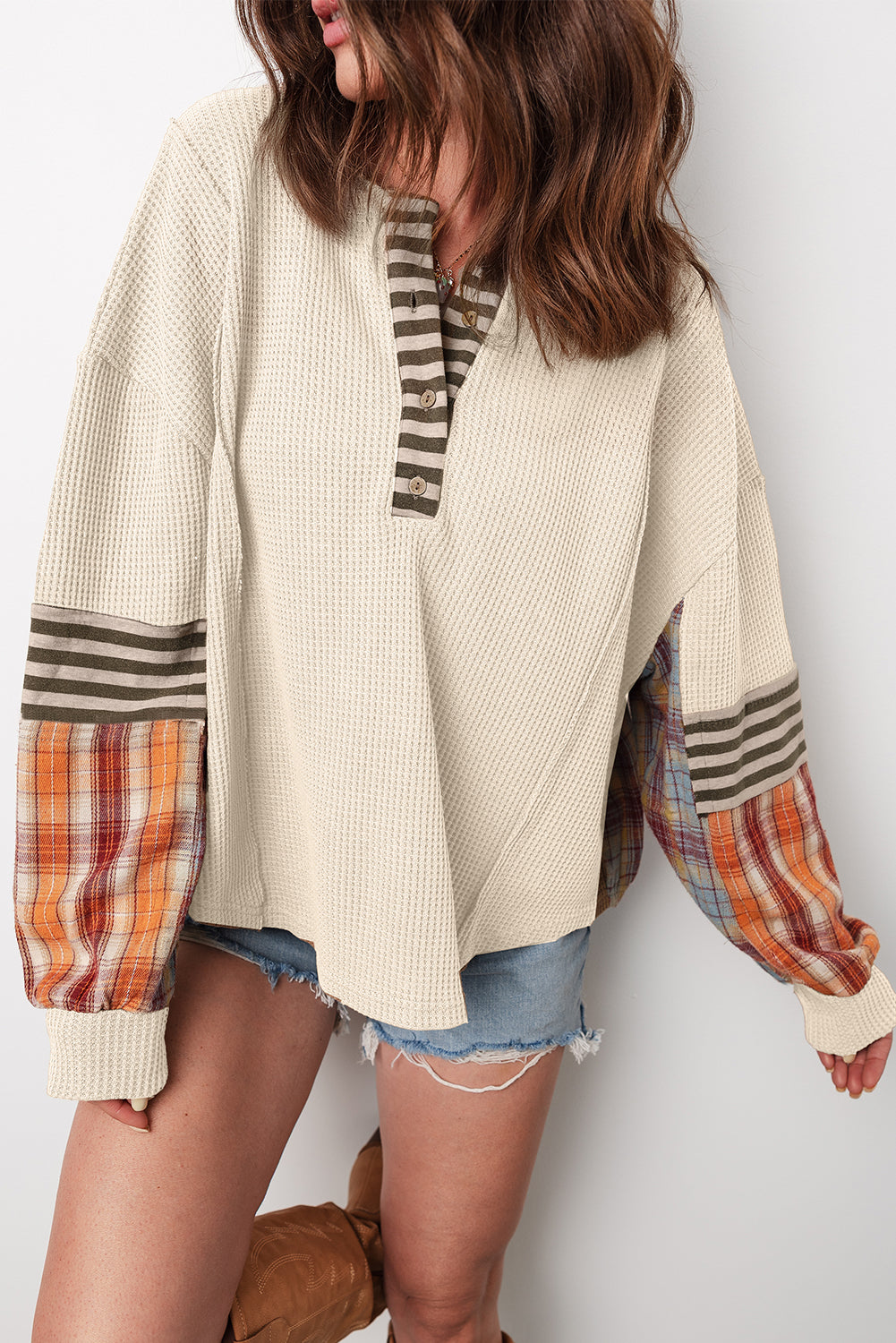 Straw Yellow Waffle Stripe Plaid Patchwork Henley Top