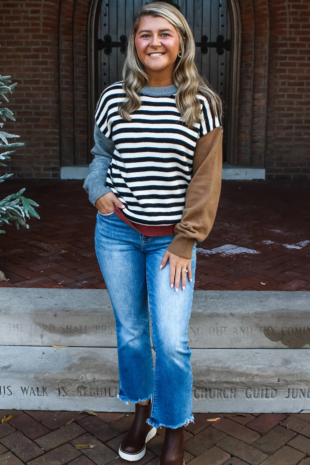 Black Striped Colorblock Patchwork Long Sleeve Sweater