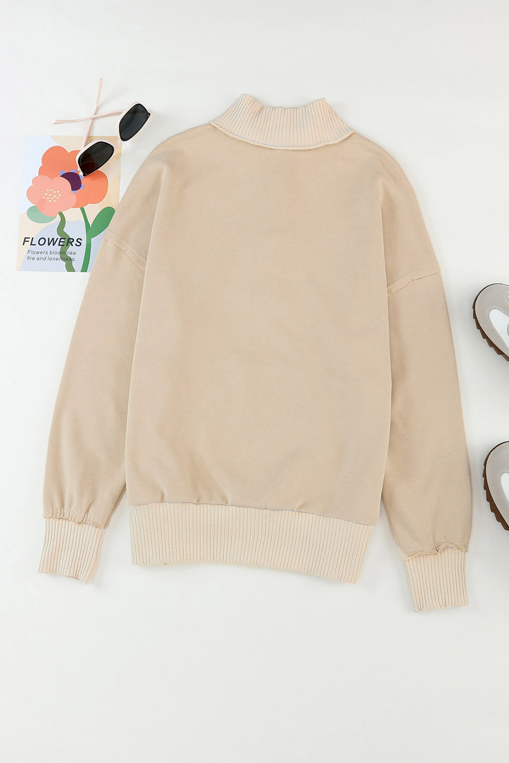 Gray Ribbed Trim Snap Button Collar Kangaroo Pocket Sweatshirt