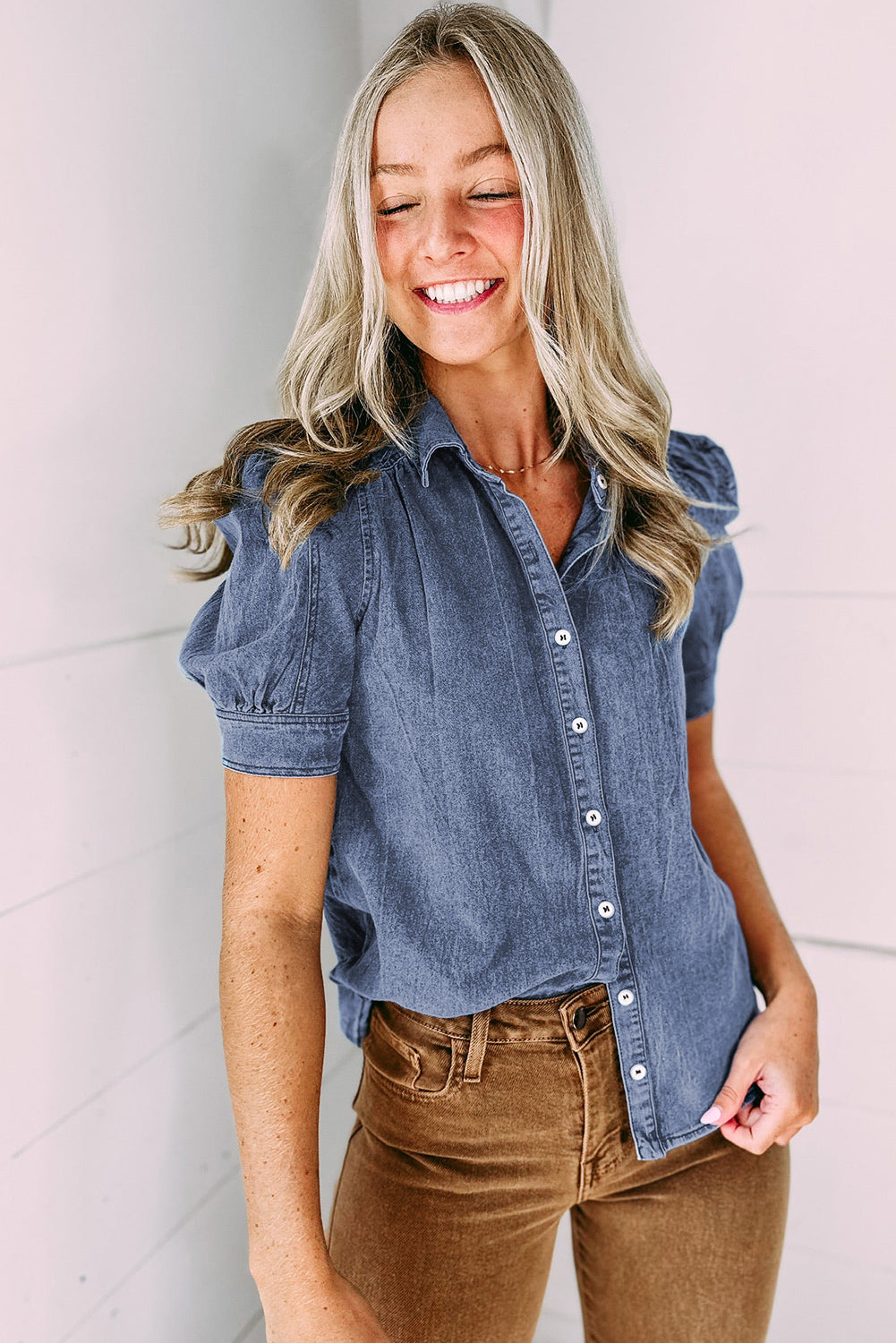 Ashleigh Blue Bubble Sleeve Button Up Denim Shirt