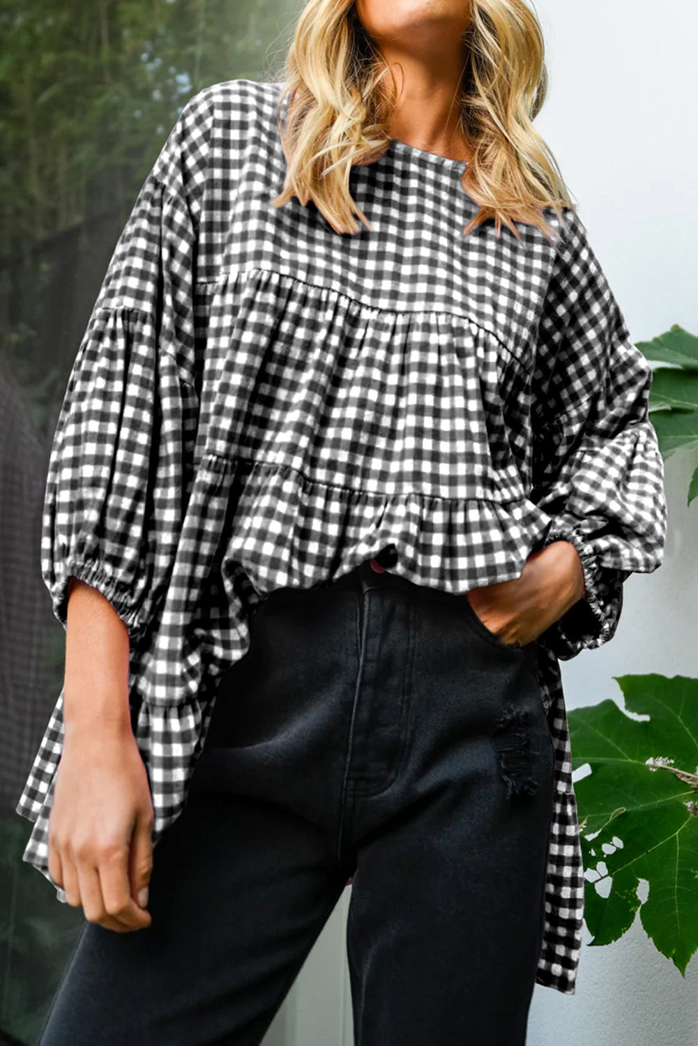 Black Plaid Drop Sleeve Tiered Oversized Blouse