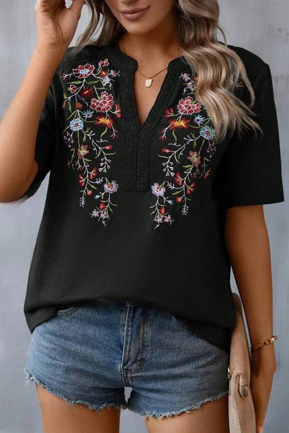 Black Embroidered Floral Boho V Neck Blouse
