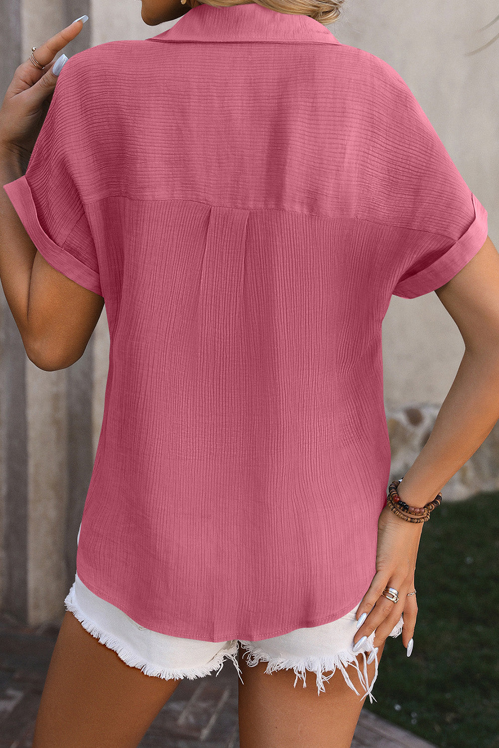 Rose Red Crinkle Textured Cuffed Short Sleeve Blouse