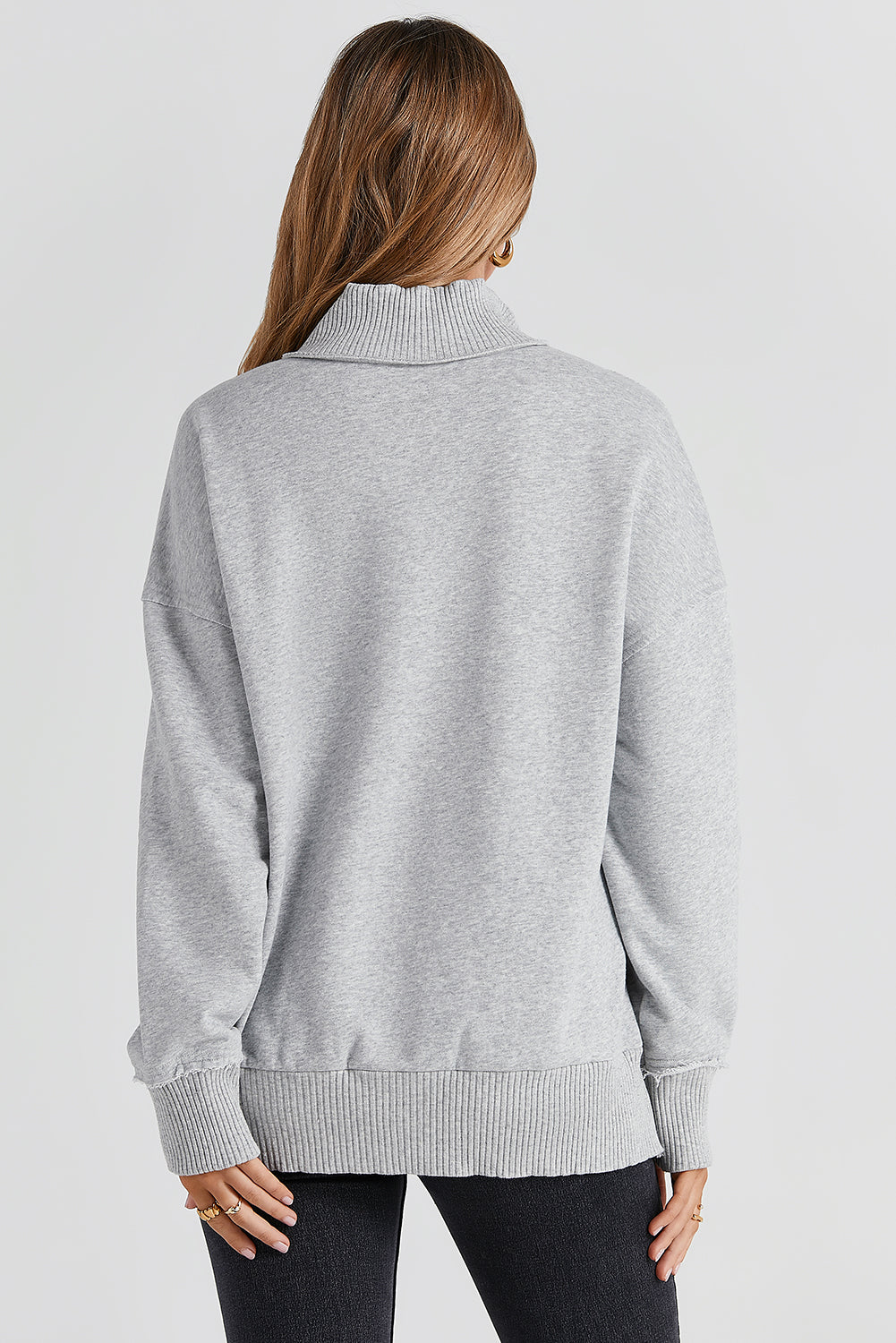 Gray Ribbed Trim Snap Button Collar Kangaroo Pocket Sweatshirt
