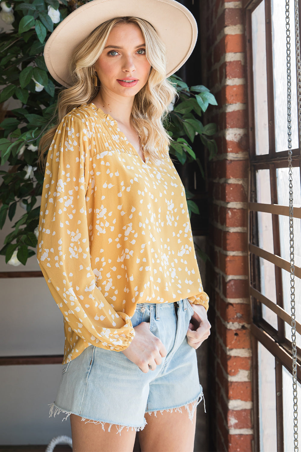 Yellow Frill Split V Neck Boho Crinkled Blouse