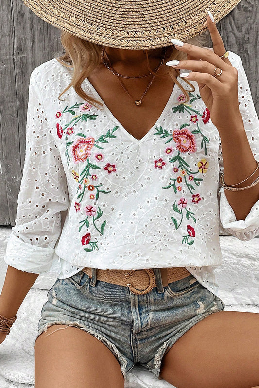 White Floral Embroidered Eyelet Boho Blouse