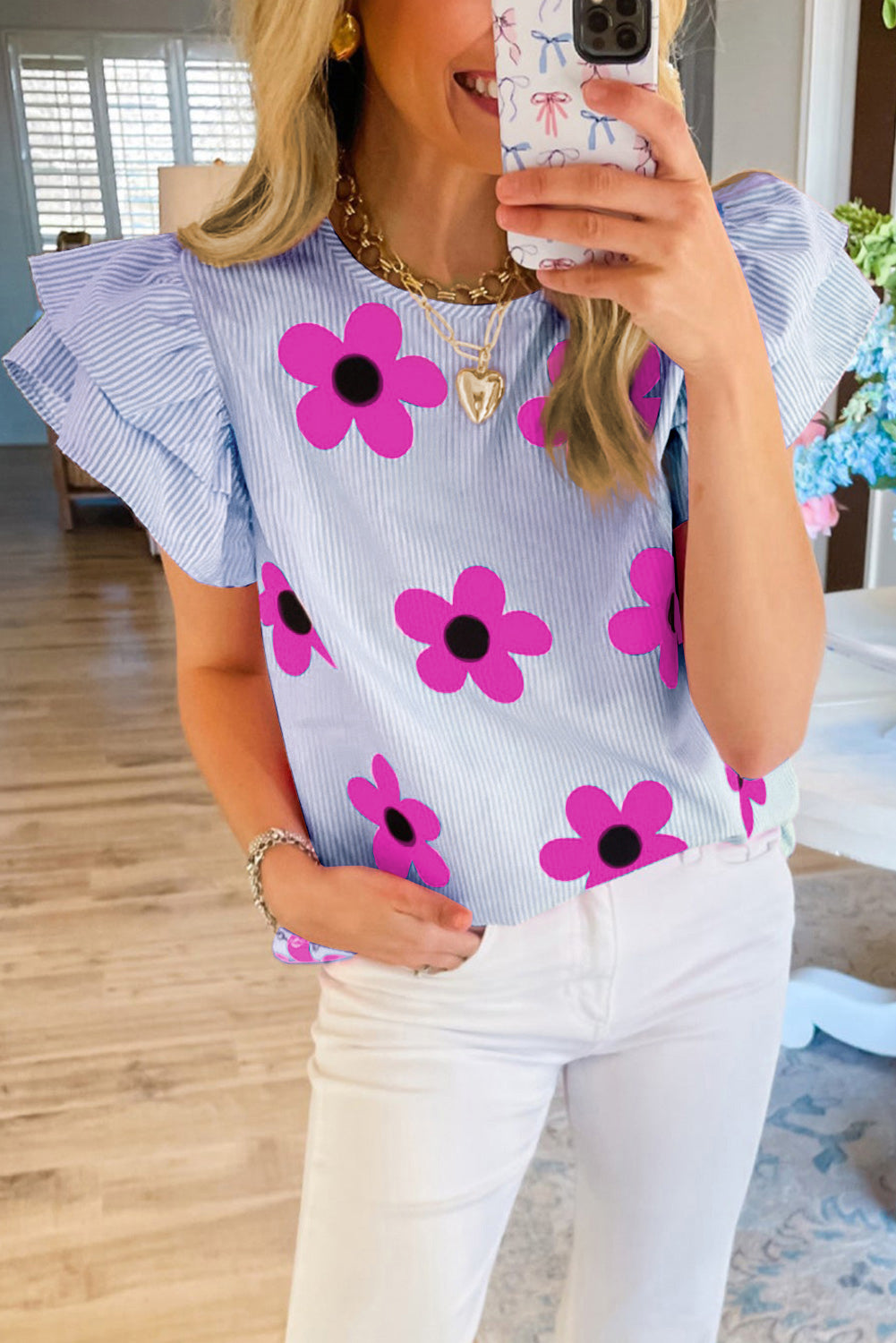 Sky Blue Stripe Floral Print Ruffled Flutter Sleeve Blouse