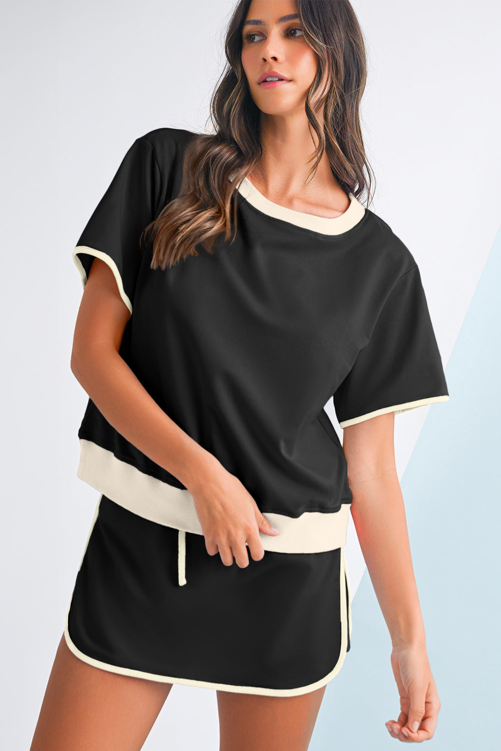 Evergreen Colorblock Edge Drop Shoulder T Shirt and Skort 2Pcs Set - Kustom Kreations Goods
