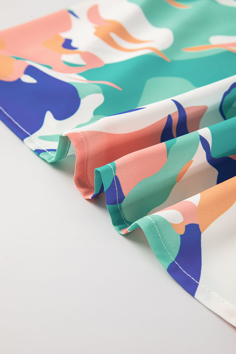 Green Abstract Print Smocked Notched Neck Ruffle Sleeve Blouse