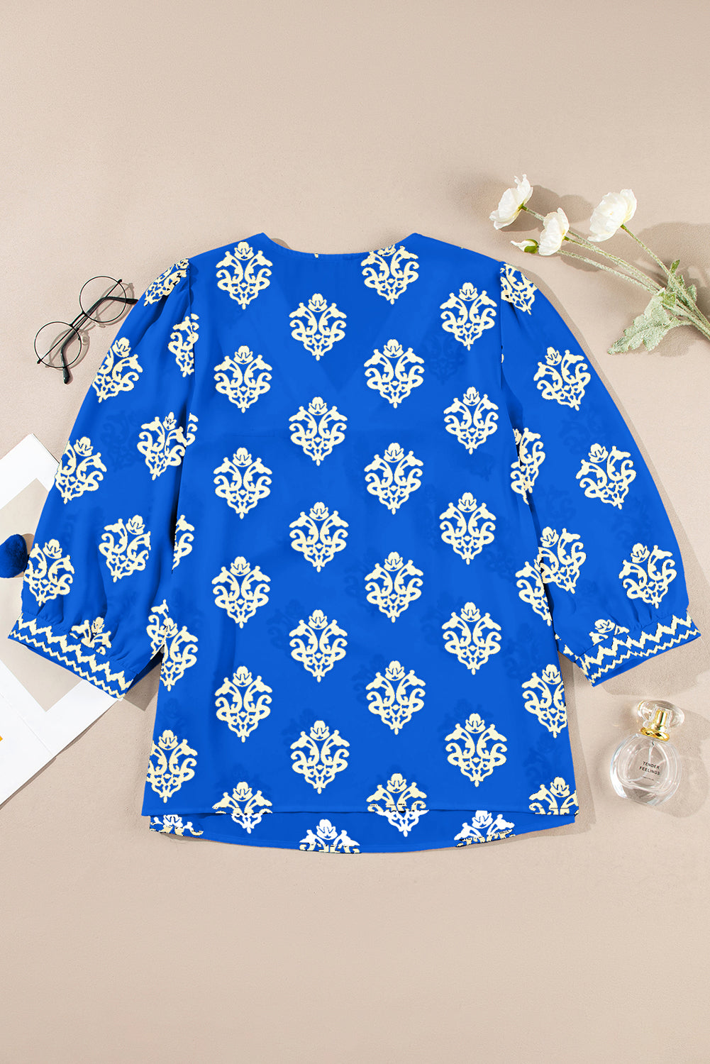 Green Damask Floral Print Contrast V Neck 3/4 Sleeve Blouse - Kustom Kreations Goods