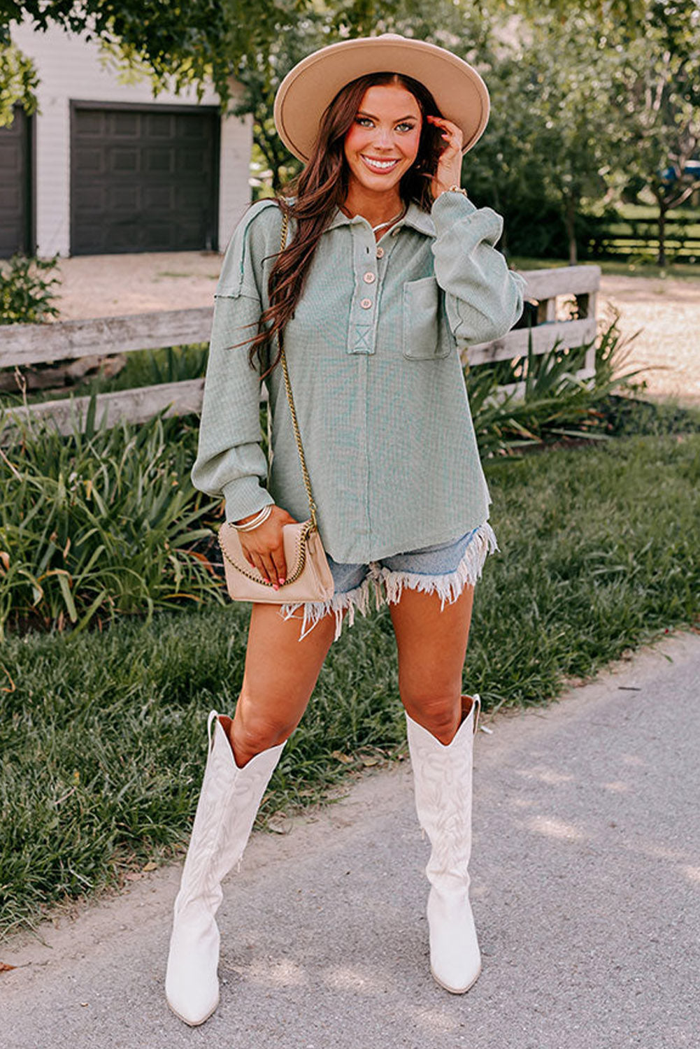 Laurel Green Waffle Exposed Seam Washed Henley Sweatshirt