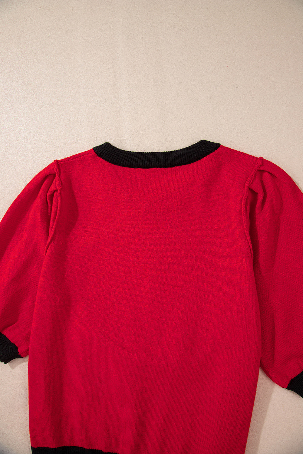 Red Sequin Rugby Color Block Puff Sleeve Knit Top