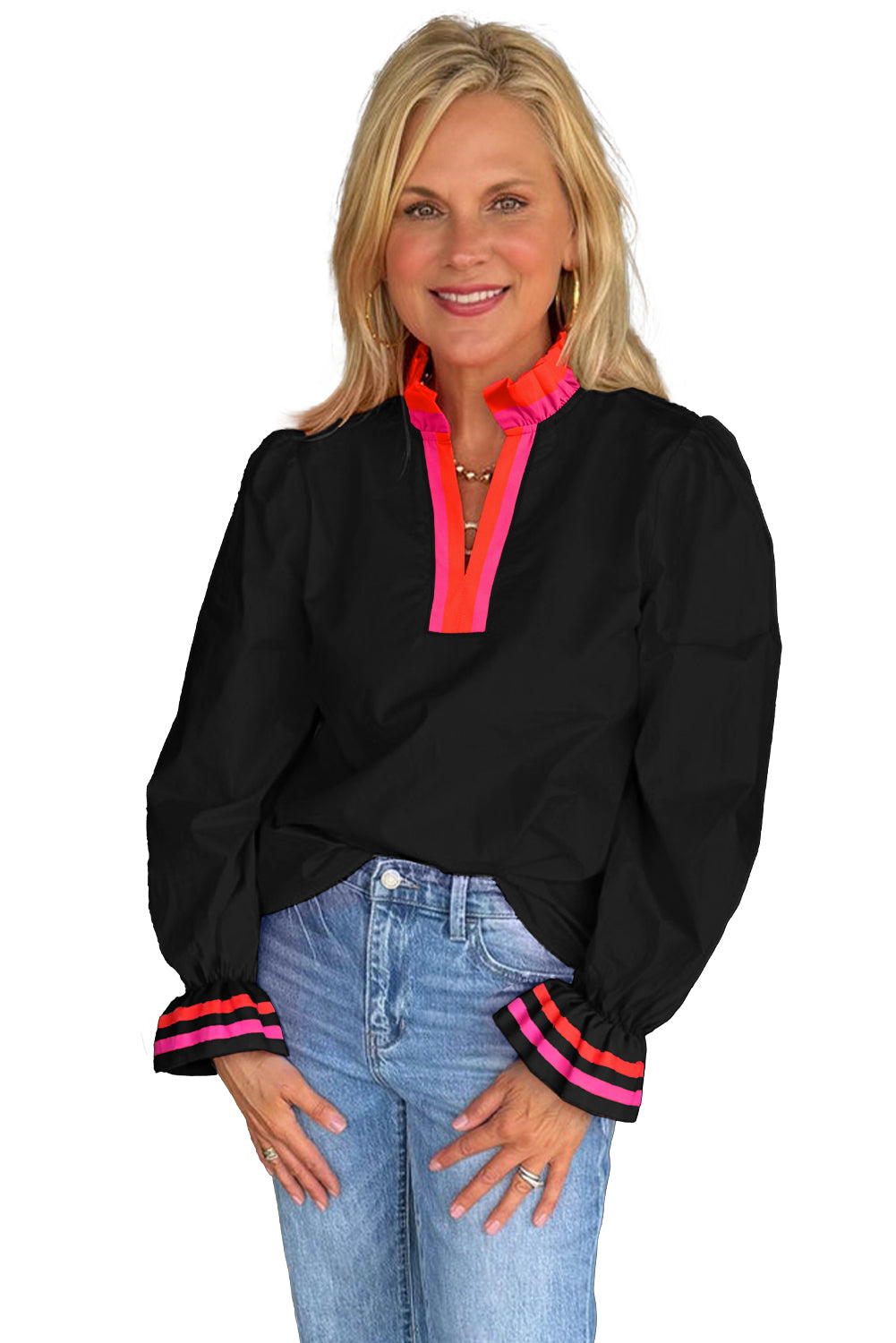 Fiery Red Striped Trim Ruffle Split Neck Long Sleeve Blouse