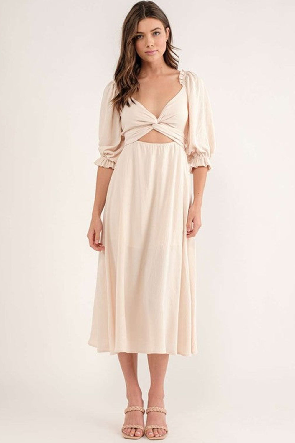 Beige Plain Puff Sleeve Cross Tie Cut Out Maxi Dress