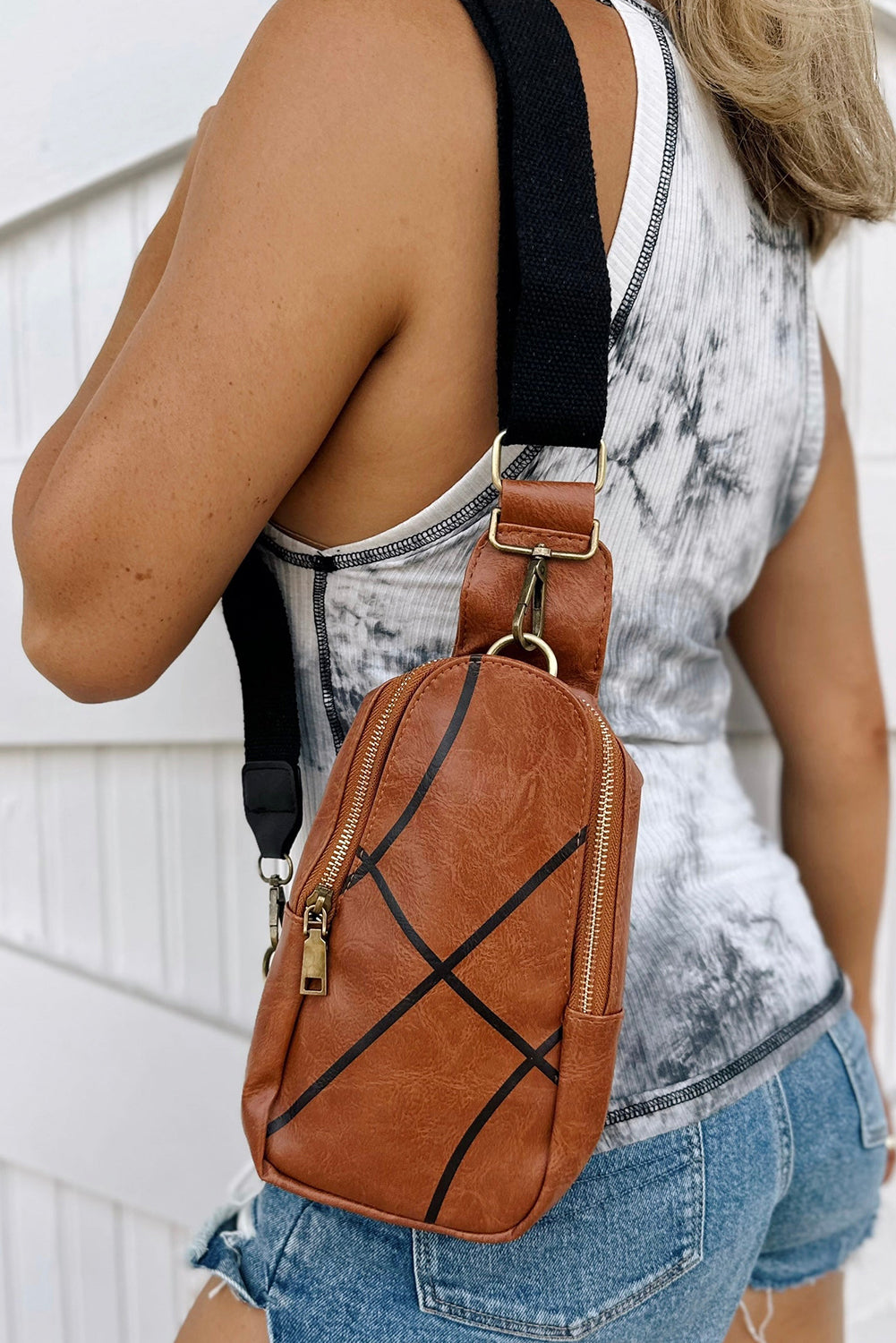 Black Football Pattern PU Leather Zipped Crossbody Bag