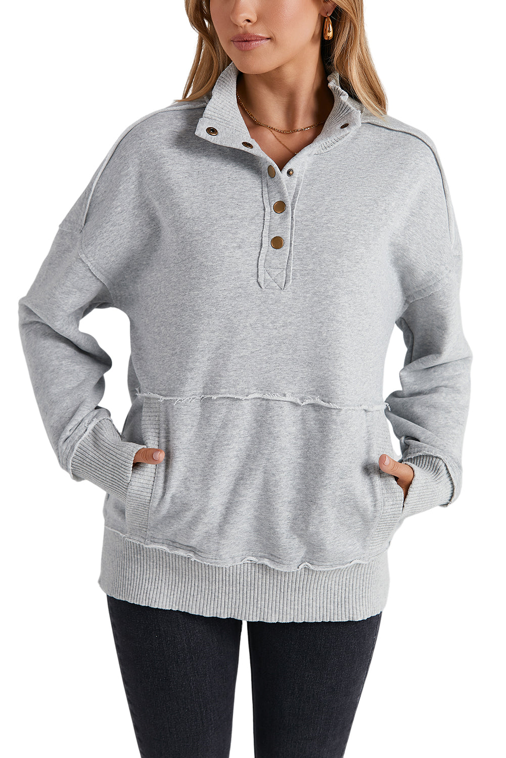 Gray Ribbed Trim Snap Button Collar Kangaroo Pocket Sweatshirt
