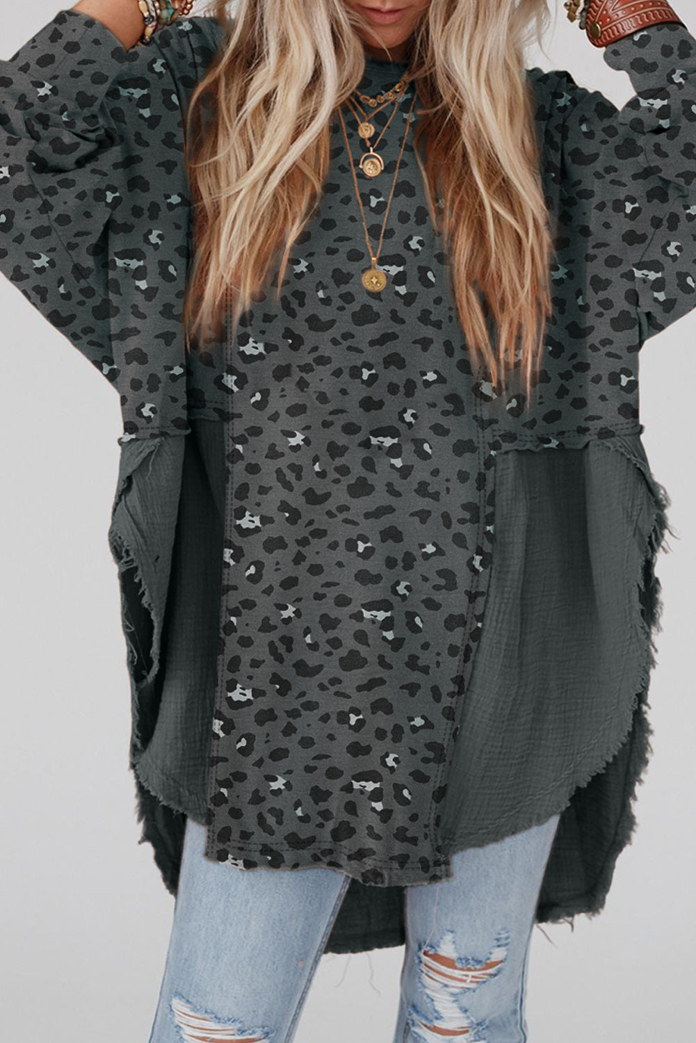 Pink Leopard Patchwork Raw Edge Oversized Top