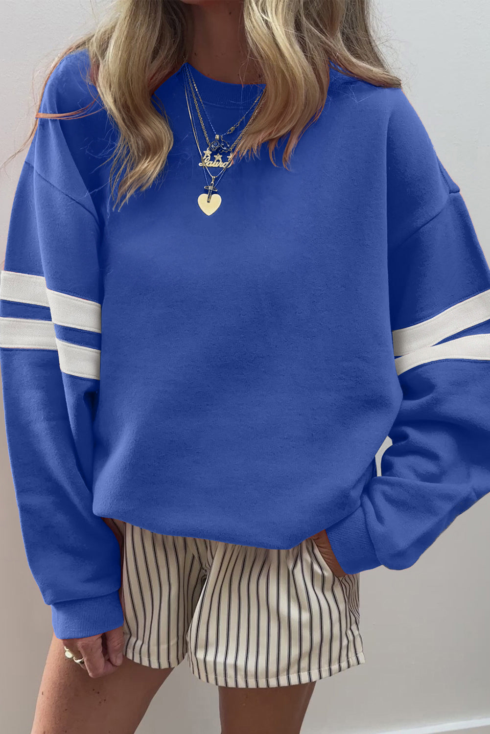 Fiery Red Preppy Striped Sleeve Loose Sweatshirt - Kustom Kreations Goods
