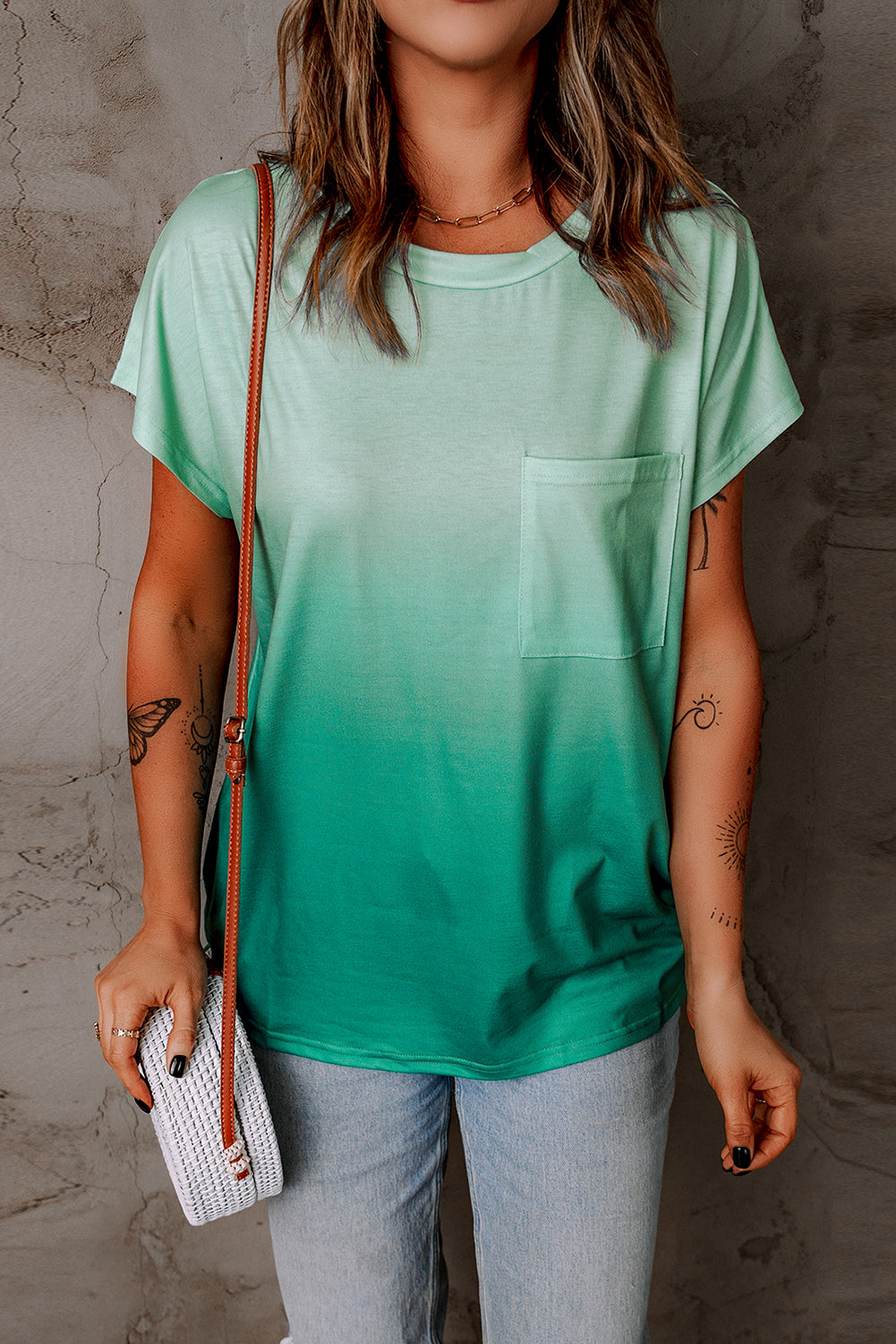 Ombre Green Short Sleeve Crew Neck T Shirt with Pocket