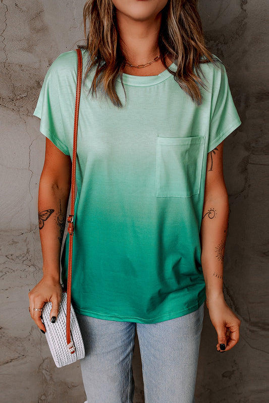 Ombre Green Short Sleeve Crew Neck T Shirt with Pocket