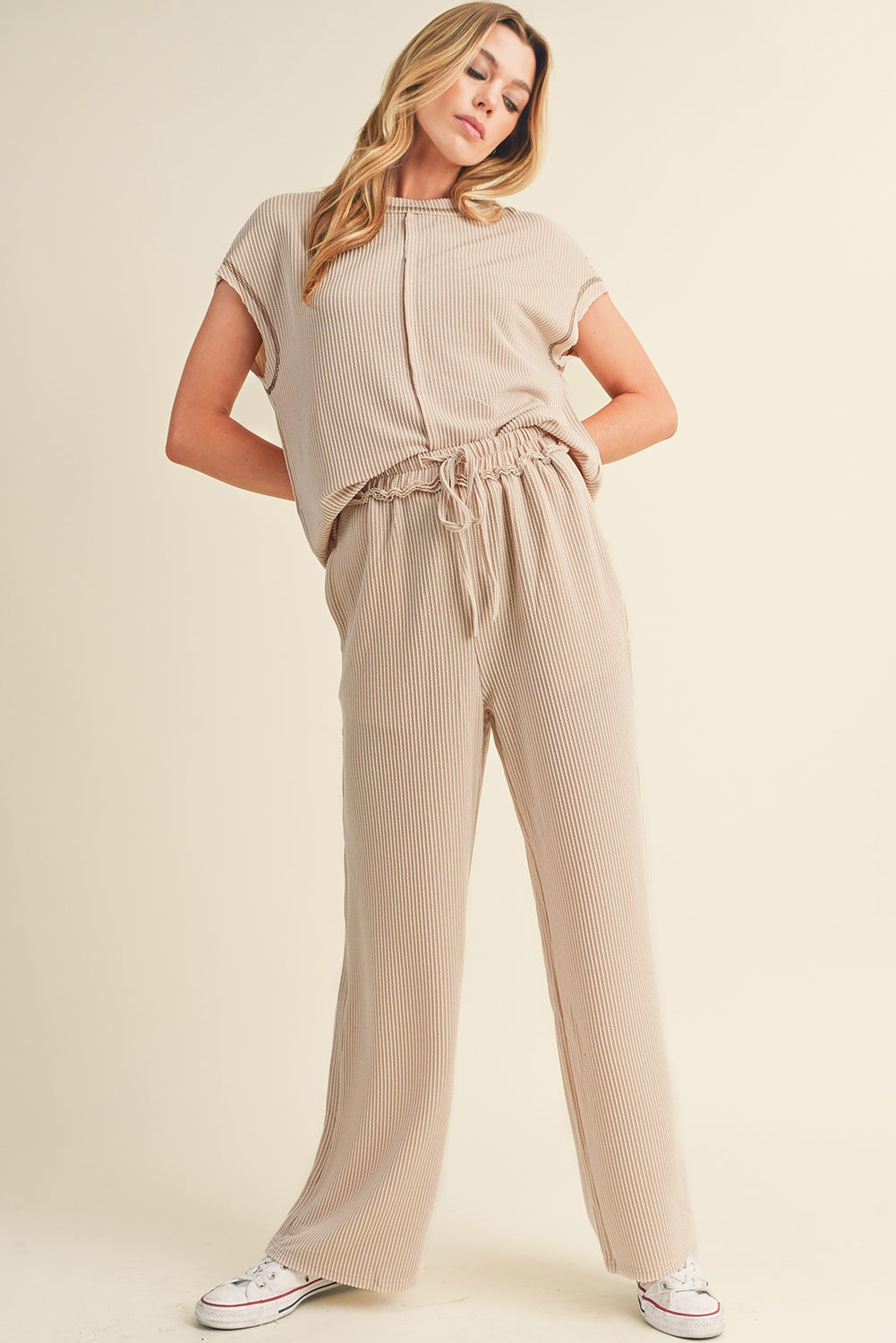 Parchment Exposed Seam Corded T shirt and Wide Leg Pants Set