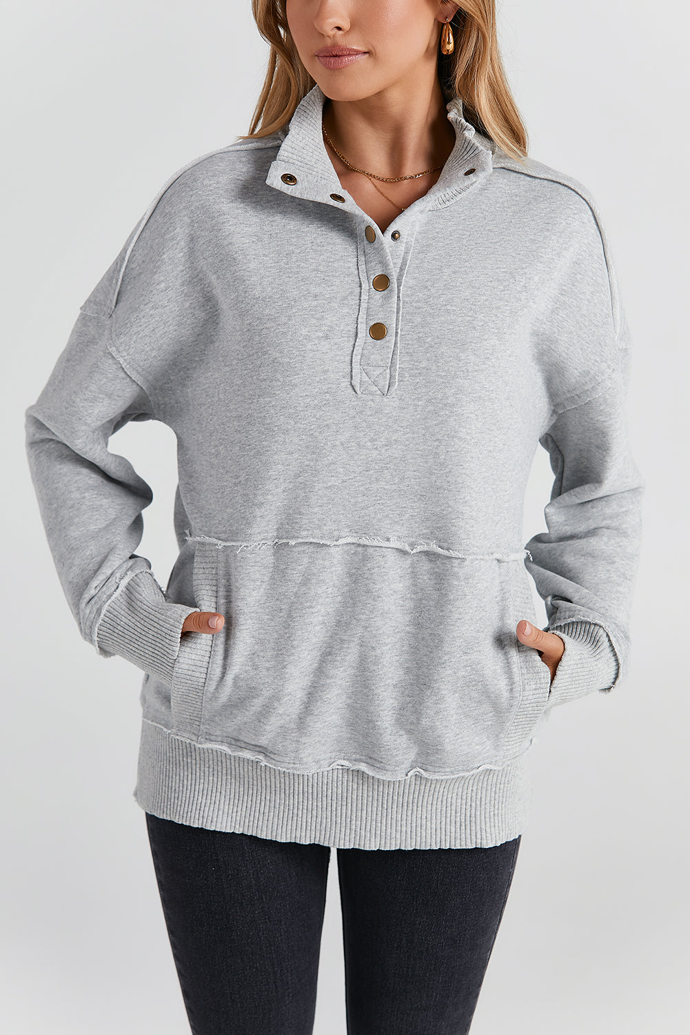 Gray Ribbed Trim Snap Button Collar Kangaroo Pocket Sweatshirt